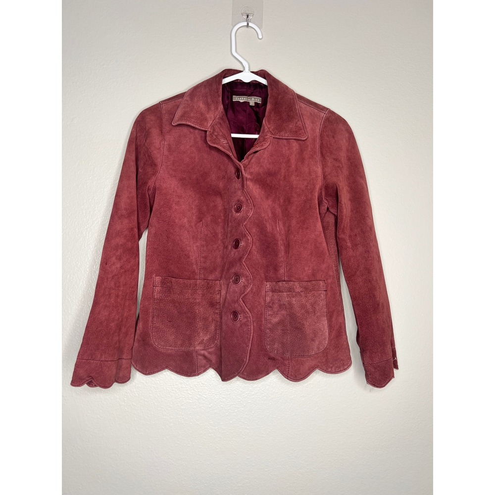 Isabella Bird Suede Leather Jacket Burgundy Scalloped Hem Petite P